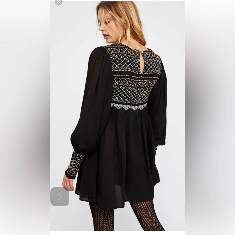 Free people late night picnic smocked long sleeve embroidered dress - Picture 3 of 13